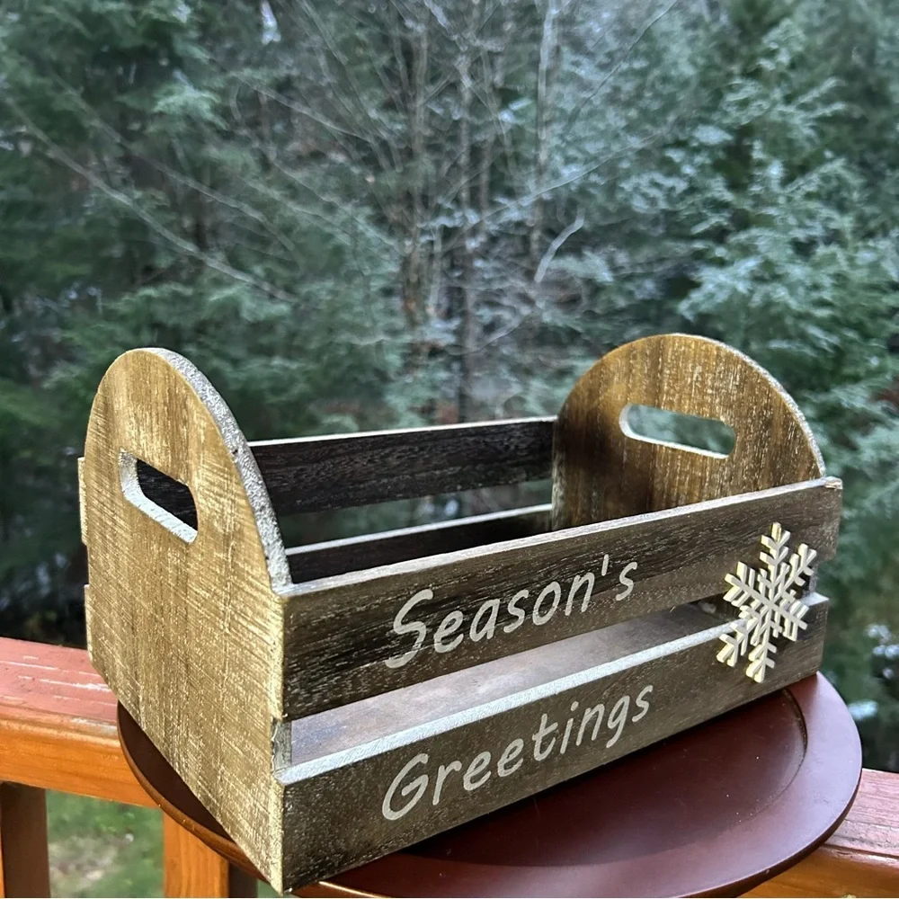 Rustic Wood “Season’s Greetings” Crate | Farmhouse Winter Decor Basket ❄️